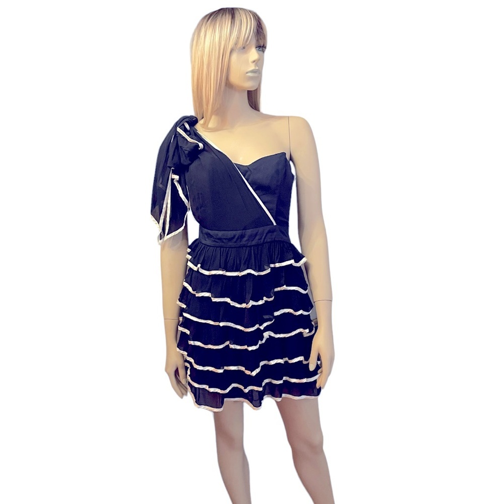 French Connection VNTG Navy Blue White Silk Ruffle Dress